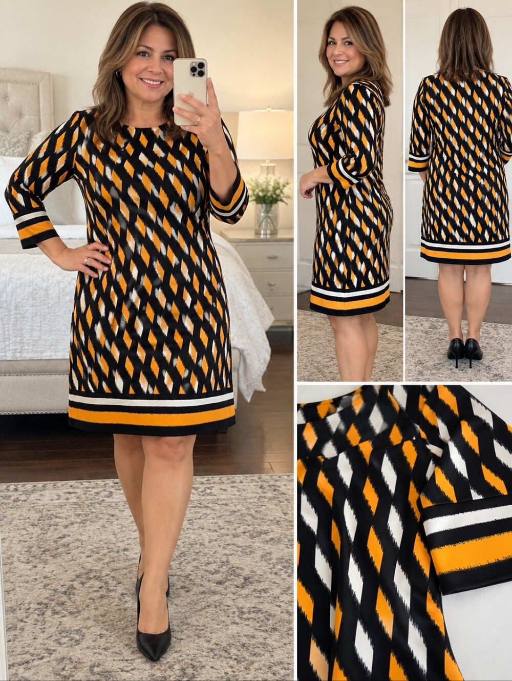 Michael Kors Black, White & Yellow Geometric Crewneck Sweater